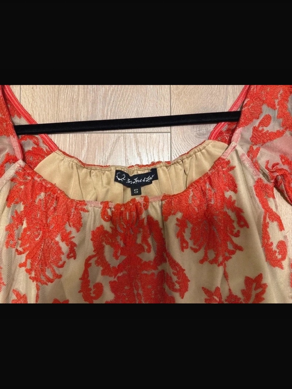 For Love and Lemons Off-Shoulder Peasant Coral Mini Mesh Bell Sleeve Dress - Picture 3 of 9